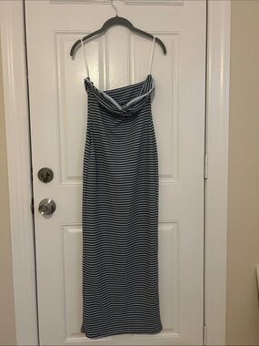 Striped Navy and White Maxi Dress with Cowl Neck